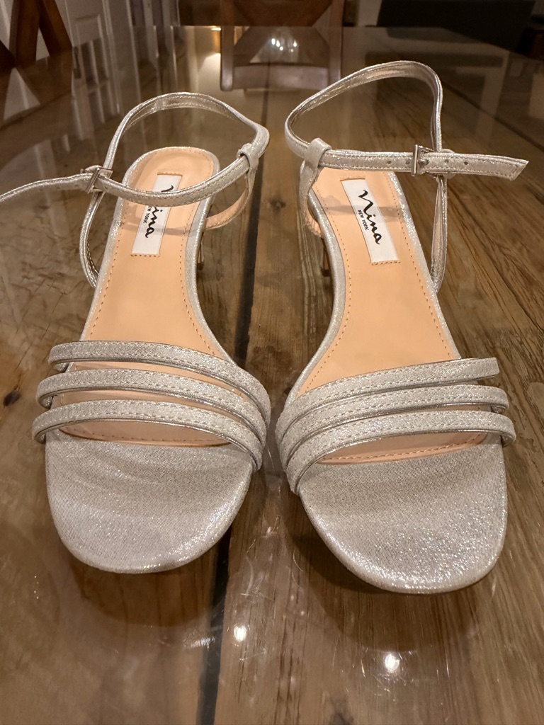 Nina Silver Glitter Strappy Ankle Strap Heels